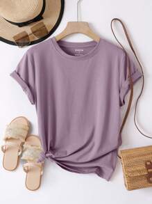 INAWLY Solid Round Neck Tee