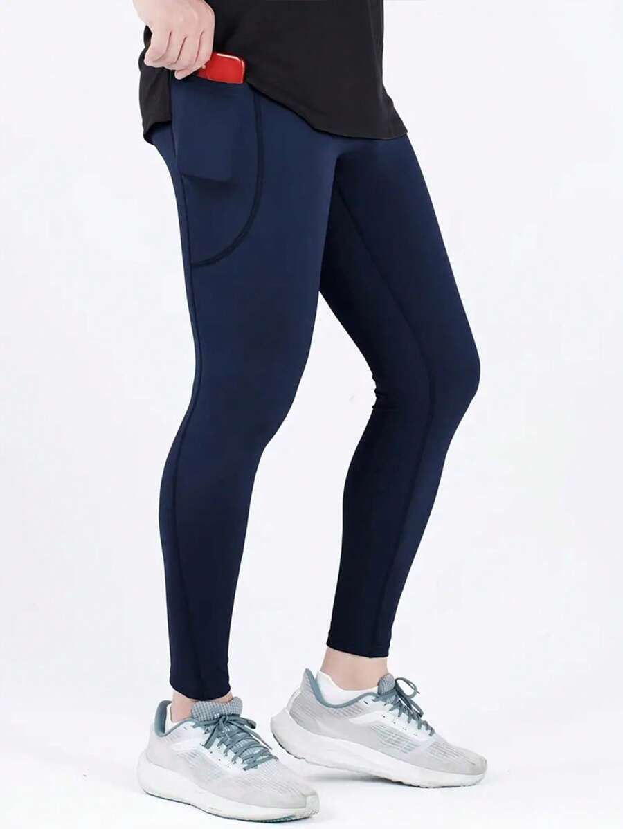 Manfinity Sport Corelite Men Solid Sports Tights With Phone Pocket Pocket Leggingsleggings With Pocketswomen Leggings With Pocketsyoga Pants With Pocketsleggings Women With Pockets - Navy Blue - View 1