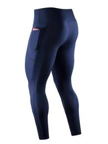 Manfinity Sport Corelite Men Solid Sports Tights With Phone Pocket Pocket Leggingsleggings With Pocketswomen Leggings With Pocketsyoga Pants With Pocketsleggings Women With Pockets - Navy Blue - View 2