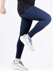 Manfinity Sport Corelite Men Solid Sports Tights With Phone Pocket Pocket Leggingsleggings With Pocketswomen Leggings With Pocketsyoga Pants With Pocketsleggings Women With Pockets - Navy Blue - View 4