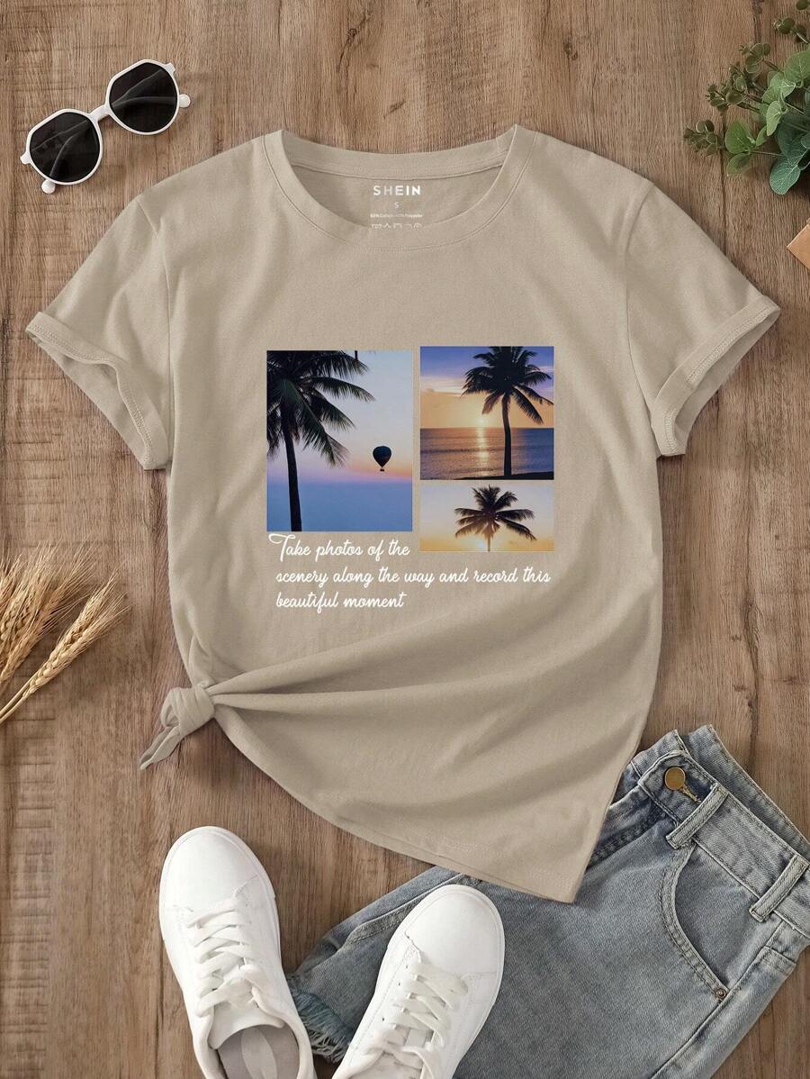 INAWLY Tropical And Slogan Graphic Tee Take Photos Of The Scenery Along The Way And Record This Beautiful Moment - Khaki - View 1