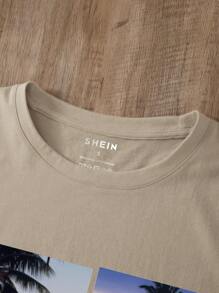 INAWLY Tropical And Slogan Graphic Tee Take Photos Of The Scenery Along The Way And Record This Beautiful Moment - Khaki - View 3