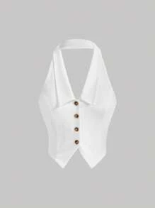 SHEIN MOD Áo khoác và áo lót dành cho xe tăng nữ Bất đối xứng Lộ Lưng Nút phía trước màu trơn Giải trí - trắng - Xem 1