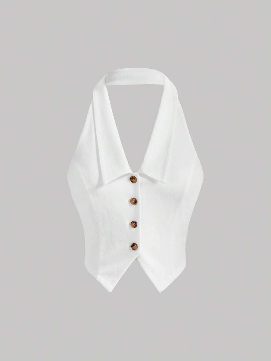 SHEIN MOD Áo khoác và áo lót dành cho xe tăng nữ Bất đối xứng Lộ Lưng Nút phía trước màu trơn Giải trí - trắng - Xem 1