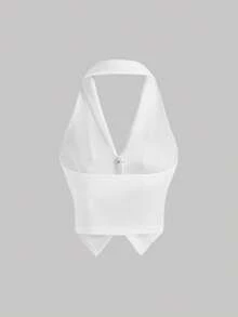 SHEIN MOD Áo khoác và áo lót dành cho xe tăng nữ Bất đối xứng Lộ Lưng Nút phía trước màu trơn Giải trí - trắng - Xem 2