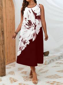 SHEIN LUNE Đầm Plus Size Hoa Boho - Màu Đỏ Sâu - Xem 3