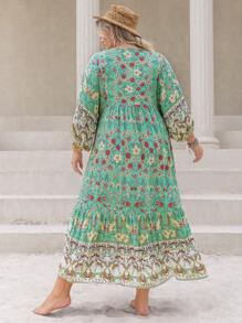 Rusttydustty Đầm suông cổ chữ V in hoa màu xanh lá cây cỡ lớn cho nữ đi biển ngày lễ Bohemia - màu xanh lá - Xem 2