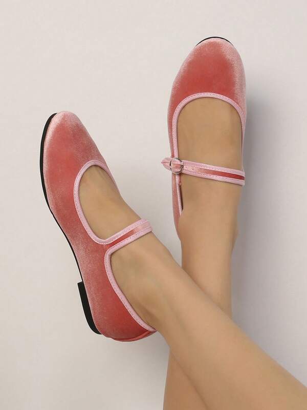 Preppy Pink Flats For Women, Contrast Binding Velvet Mary Jane Flats