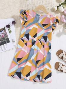 SHEIN 女孩幾何印花荷葉邊連衣裙 - 彩色 - 查看 2