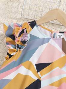 SHEIN 女孩幾何印花荷葉邊連衣裙 - 彩色 - 查看 4