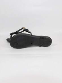 女士夏季新款罗马风格时尚平底凉鞋，一脚蹬沙滩度假鞋 - 黑色 - 查看 5