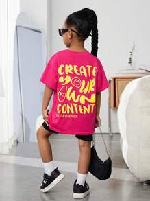 SHEIN 小女童標語圖案落肩T恤 - 玫紅色 - 查看 3