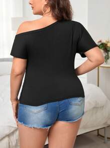 SHEIN Essnce Áo thun Plus size Bất đối xứng Xù màu trơn Giải trí - màu đen - Xem 3