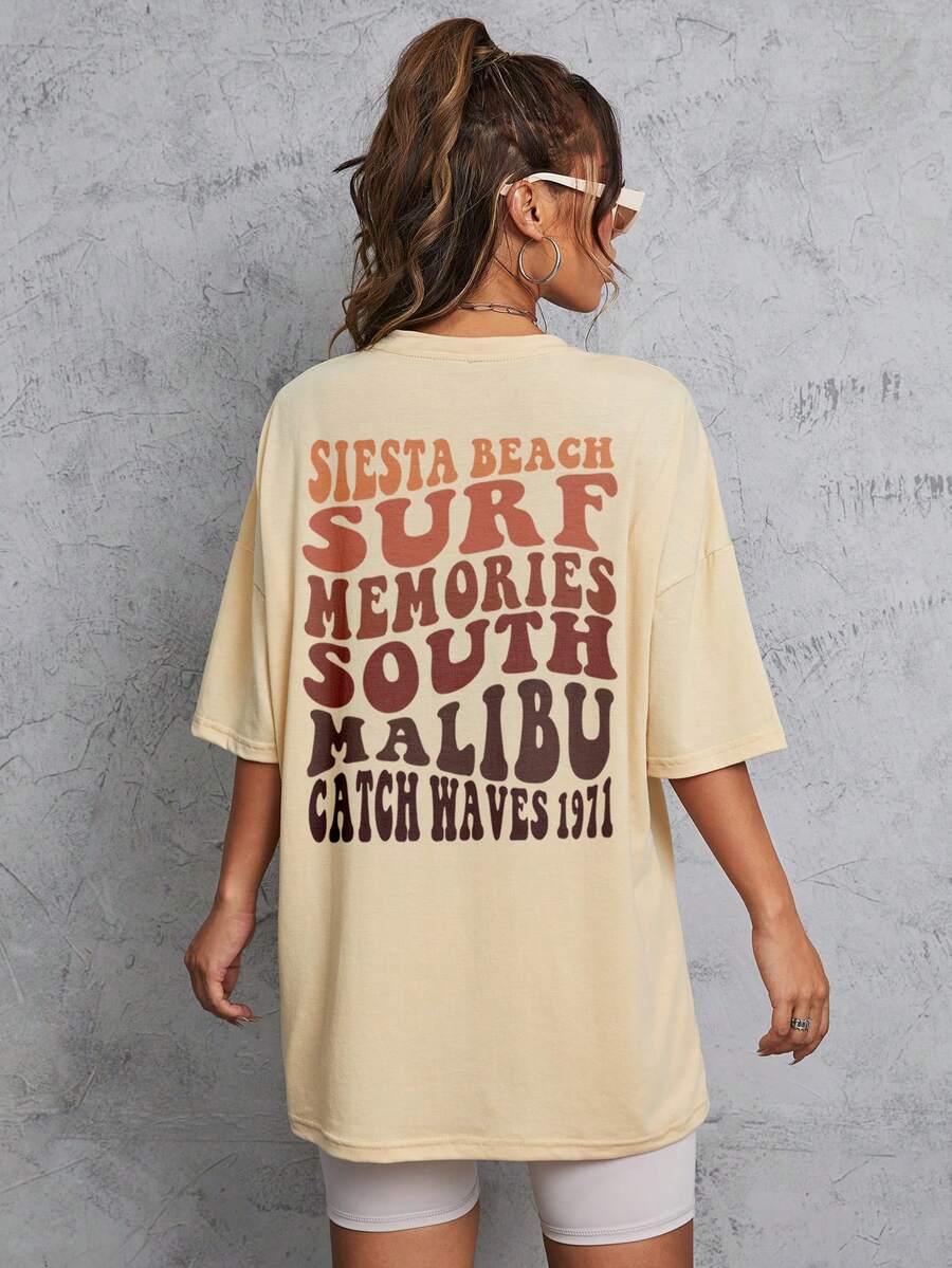 SHEIN EZwear Áo thun nữ Slogan Giải trí - Màu be - Xem 1