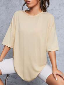 SHEIN EZwear Áo thun nữ Slogan Giải trí - Màu be - Xem 2