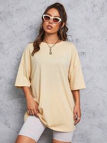 SHEIN EZwear Áo thun nữ Slogan Giải trí - Màu be - Xem 3