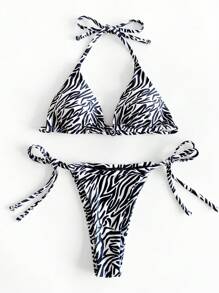 Bộ Bikini Nữ Thắt nút Buộc lại Sọc ngựa vằn - Đen và trắng - Xem 1