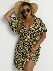 Breezaya 大碼波西米亞交叉花卉印花 全身印花連衣裙 - 黑色 - 查看 1