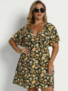 Breezaya 大碼波西米亞交叉花卉印花 全身印花連衣裙 - 黑色 - 查看 3