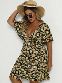 Breezaya 大碼波西米亞交叉花卉印花 全身印花連衣裙 - 黑色 - 查看 4