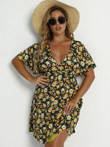 Breezaya 大碼波西米亞交叉花卉印花 全身印花連衣裙 - 黑色 - 查看 5