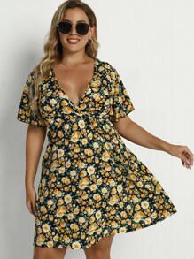 Breezaya 大碼波西米亞交叉花卉印花 全身印花連衣裙 - 黑色 - 查看 6