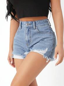 SHEIN PETITE Quần short denim nữ Nút Túi Hem thô Bị tách Dây kéo màu trơn - Rửa nhẹ - Xem 1