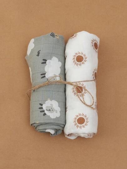 Happy Flute 2入組嬰兒羊和太陽圖案織物繈褓毯