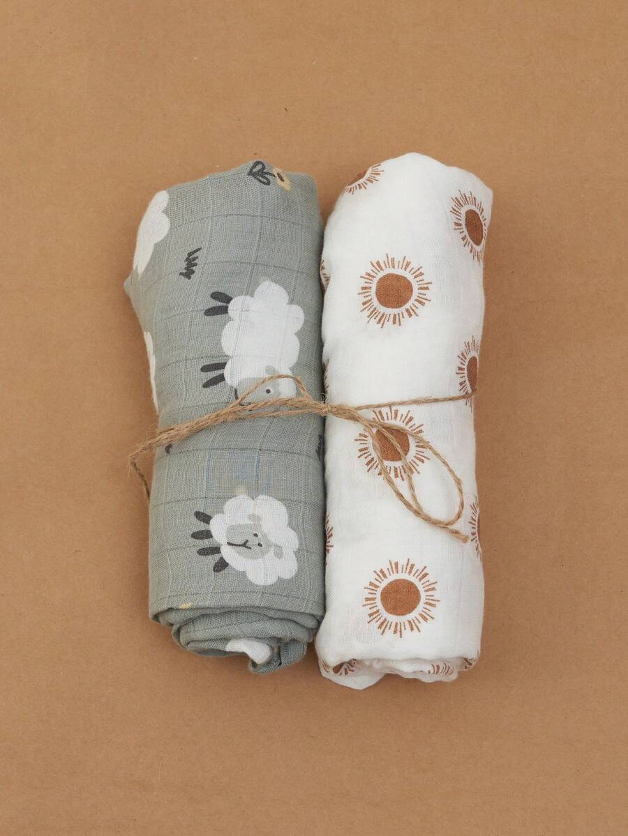 Happy Flute 2入組嬰兒羊和太陽圖案織物繈褓毯