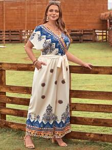 EMERY ROSE Plus Geo Print Belted Wide Leg Jumpsuit - Multicolor - View 3