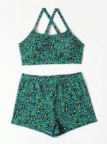 SHEIN Swim Curve Plus Size Leopard Criss Cross Bikini Set Summer Beach - Green - View 6