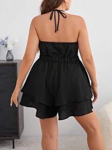 SHEIN Privé 大碼後背繫帶二層下擺繞頸吊帶連體短褲 - 黑色 - 查看 3