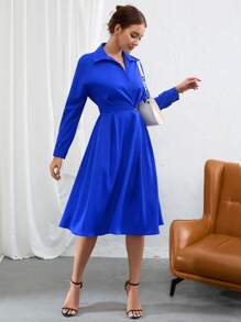 SHEIN BIZwear Solid Button Front Shirt Dress - Royal Blue - View 1