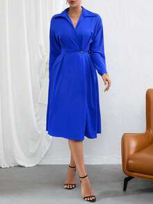 SHEIN BIZwear Solid Button Front Shirt Dress - Royal Blue - View 5
