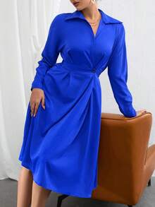 SHEIN BIZwear Solid Button Front Shirt Dress - Royal Blue - View 6