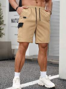 Manfinity Homme Quần Short Nam Dây kéo Đắp vá Túi Khối Màu Đường phố - Màu Khaki - Xem 3