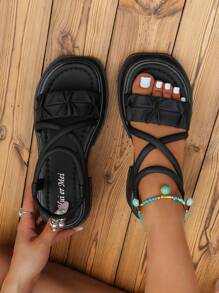 Xăng đan quai ngang mắt cá chân có chi tiết xếp nếp cho nữ, Xăng đan đế xuồng màu đen thanh lịch - màu đen - Xem 1