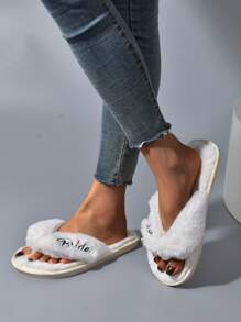 時尚白色拖鞋適用於女士字母圖案毛絨臥室拖鞋 - 白色 - 查看 5