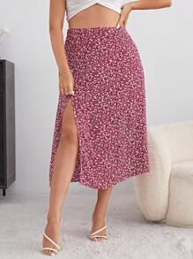 SHEIN VCAY 大碼碎花高衩半身裙 - 紅色 - 查看 1