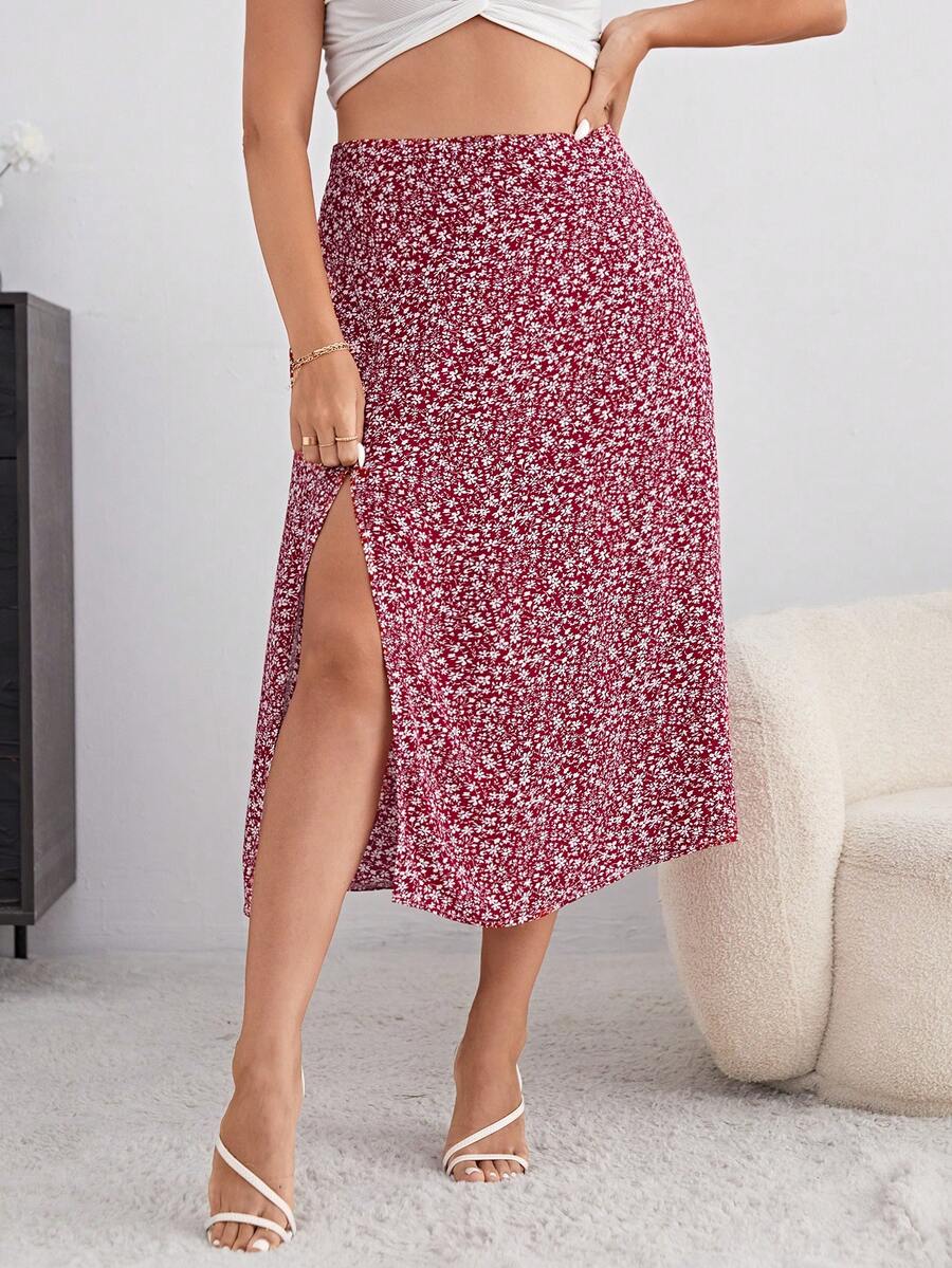 SHEIN VCAY 大碼碎花高衩半身裙 - 紅色 - 查看 1