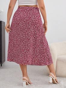 SHEIN VCAY 大碼碎花高衩半身裙 - 紅色 - 查看 2