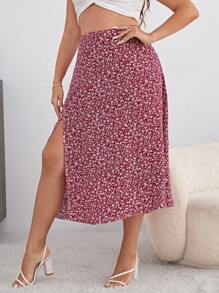 SHEIN VCAY 大碼碎花高衩半身裙 - 紅色 - 查看 6