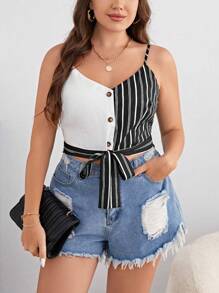 SHEIN Privé Áo hai dây Plus Size Thắt nút Nút phía trước Sọc Giải trí - Đen và trắng - Xem 1