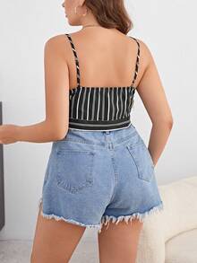 SHEIN Privé Áo hai dây Plus Size Thắt nút Nút phía trước Sọc Giải trí - Đen và trắng - Xem 2