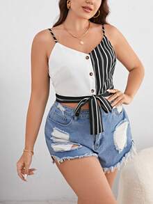 SHEIN Privé Áo hai dây Plus Size Thắt nút Nút phía trước Sọc Giải trí - Đen và trắng - Xem 3