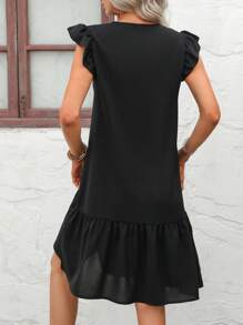 SHEIN VCAY Contrast Tape Ruffle Hem Smock Dress - Black - View 2
