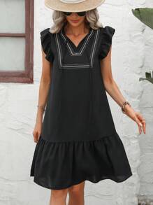 SHEIN VCAY Contrast Tape Ruffle Hem Smock Dress - Black - View 4