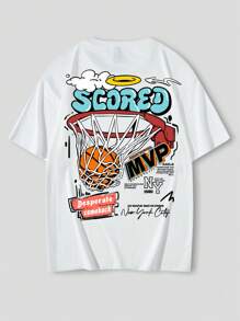 ROMWE MEN Street Life Men Cotton Letter Graphic Drop Shoulder Tee, School - White - View 1