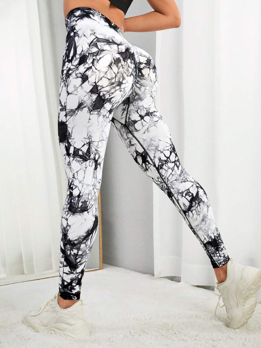Yoga Trendy Tie Dye Wideband Waist Top-stitching Sports Leggings