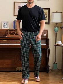 Extended Sizes Men Plaid Print Elastic Waist Sleep Trousers - Green - View 7